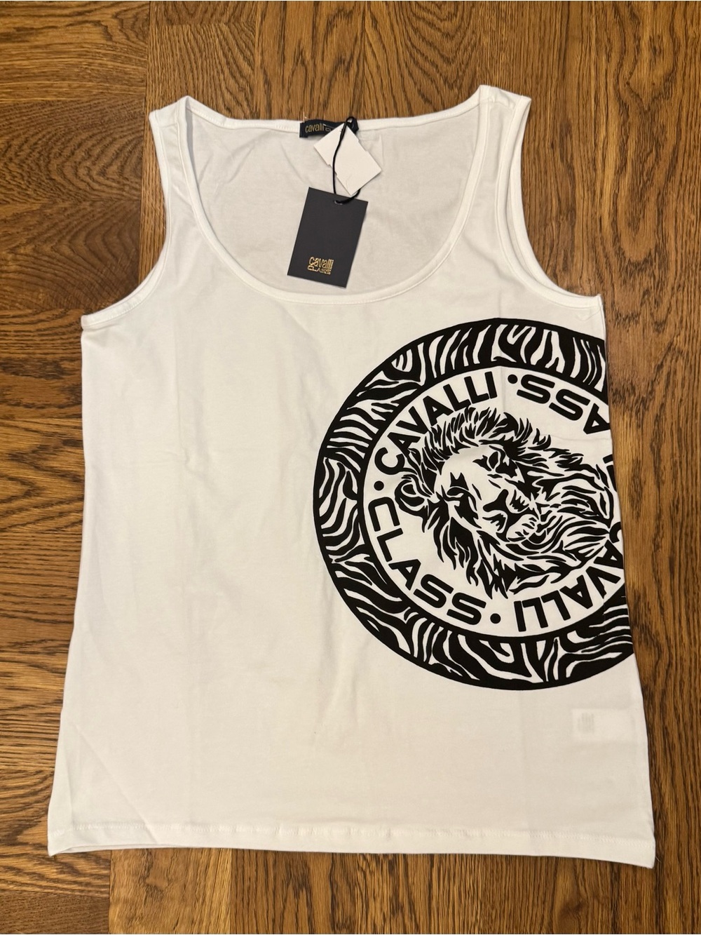 Cavalli Class White Tank Top with Black Lion Logo